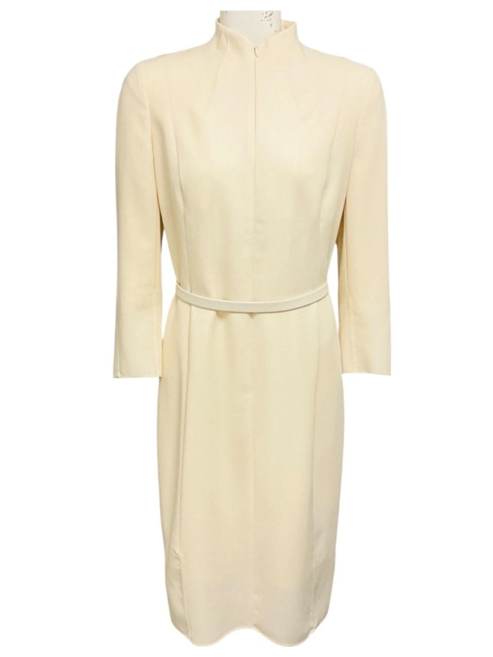 AKRIS IVORY LONG SLEEVED ZIP FRONT WOOL CREPE MIDI DRESS WITH GENUINE LEATHER BE